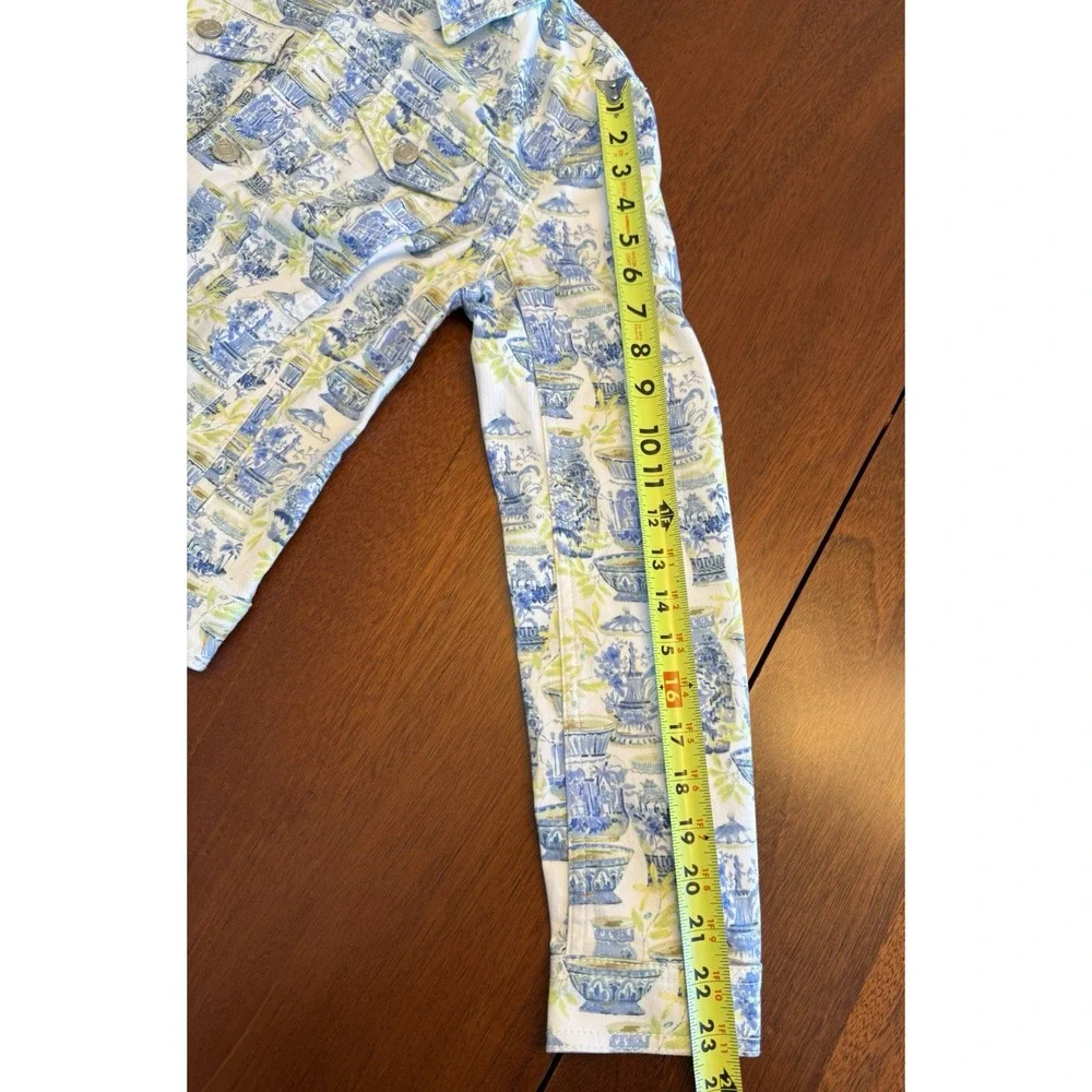 Talbots Printed Jean Jacket XS Blue Green Watercolor Vases Button Front Parisian